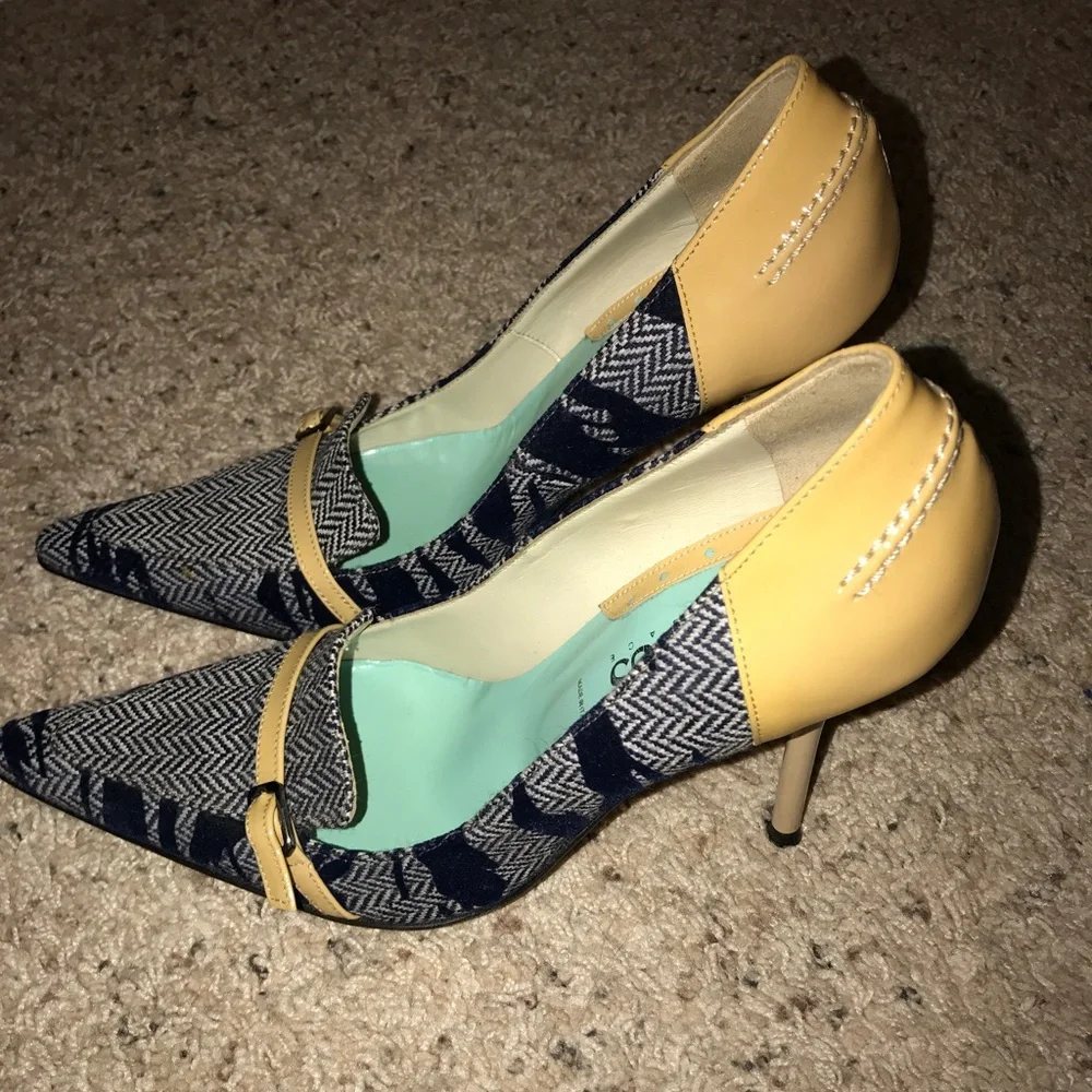 Versus By Versace Navy Chevron Pointed-Toe Heels with Cream Trim